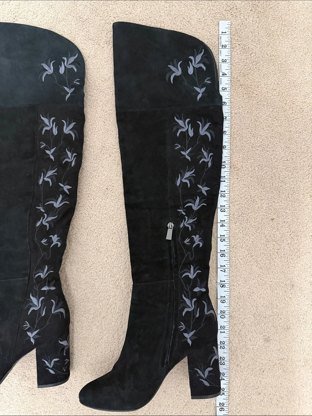 Kenneth Cole Claire Black Suede Embroidered Heel Boots size 6.5 Over the Knee